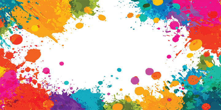 Colorful paint splatter frame with bright watercolor splashes and artistic ink drops