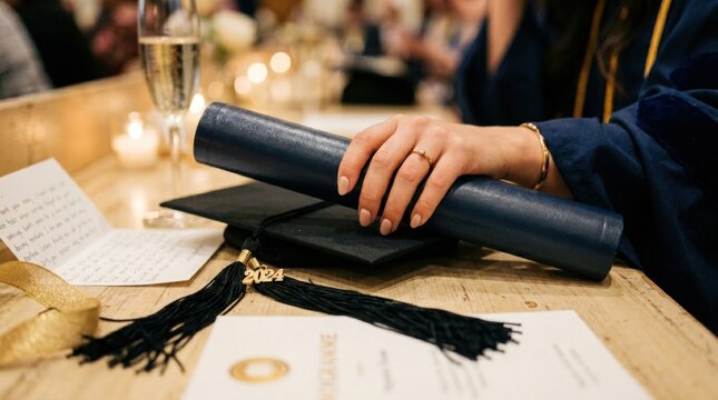 Graduation celebration with cap diploma and champagne toast