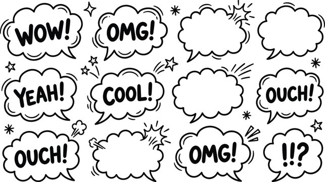 Comic Speech Bubble Set with Wow, OMG, Yeah, Cool, Ouch, and Blank Cloud Balloon Symbols for Cartoon, Chat, and Pop Art Designs