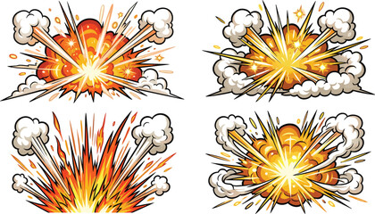 Comic Book Explosion Effect Vector Set with Flash Smoke and Fire Clouds for Cartoon Action Graphics and Video Game UI Design Elements © Sohel