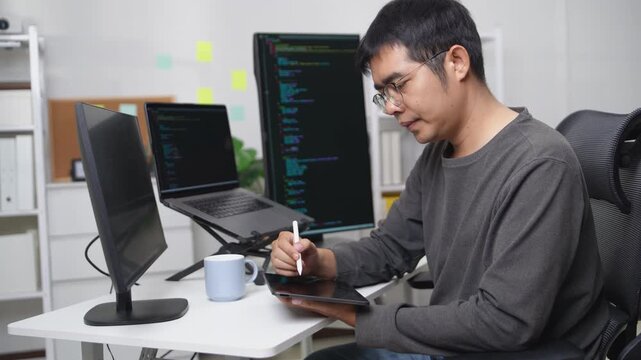 Focused Developer Programming on Multiple Screens in a Professional Home Office Setting