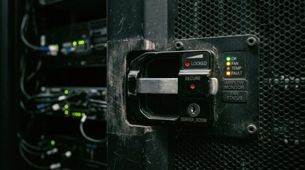 Fototapeta premium Secure server room rack handle with locked indicator lights for it infrastructure security and access control background
