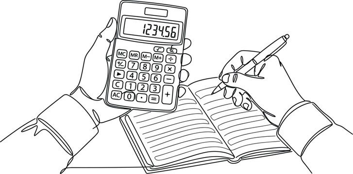 Calculator and notebook line drawing vector illustration with hands, pen, numbers, and minimalist financial work design