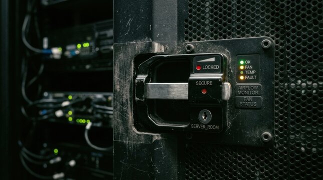 Secure server room rack handle with locked indicator lights for it infrastructure security and access control background