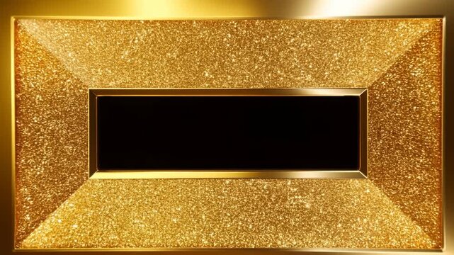 Panning shot of three gold glitter rectangular frames with black plaques slowly sliding across reflective indoor studio backdrop