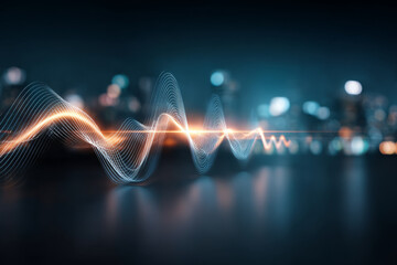 Fototapeta premium Dynamic glowing sound wave oscillates against a blurred cityscape background, representing modern audio technology and digital innovation. Futuristic energy lines symbolize connectivity and progress