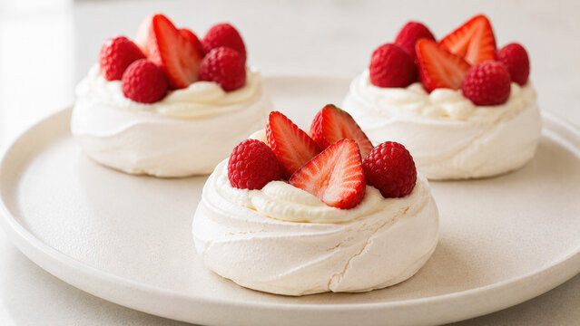 New Zealand Pavlova With Cream and Fruit in Clean Modern Cafe Setting