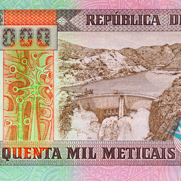 Mozambique 50000 Meticais 2003 banknote with the image of Cahora Bassa hydroelectric dam and power station on Zambezi River. Mozambique money