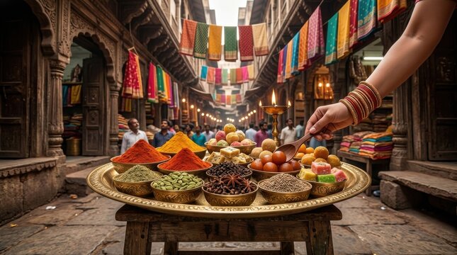Street market spice display with colorful piles of powders seeds and sweets for travel poster or food background