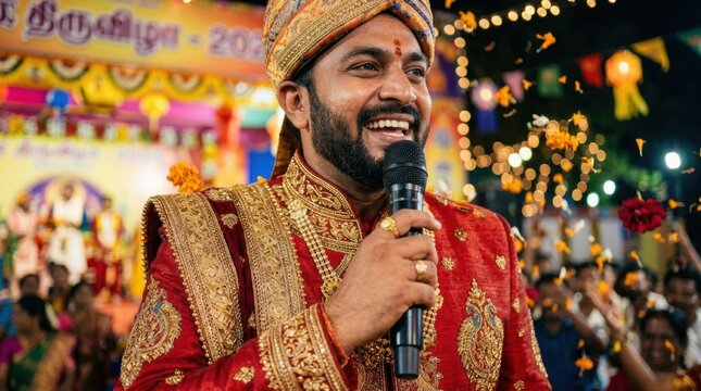 Indian wedding emcee smiling with a microphone in ornate sherwani and turban for festive ceremony background and event banner