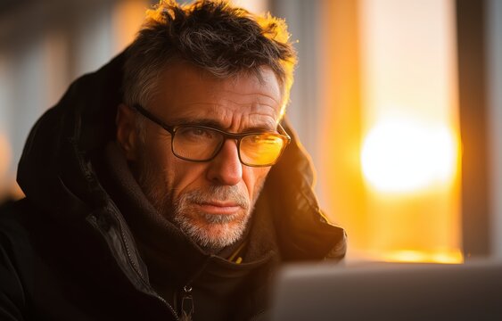 A man working in a rural home office uses AI copilot on his laptop while sun sets, creating warm light in the room
