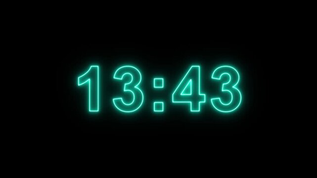 15 minute countdown from 900 seconds to 0 second on black background with alpha channel. Animation of digital neon stopwatch 15 minute to 0 second.