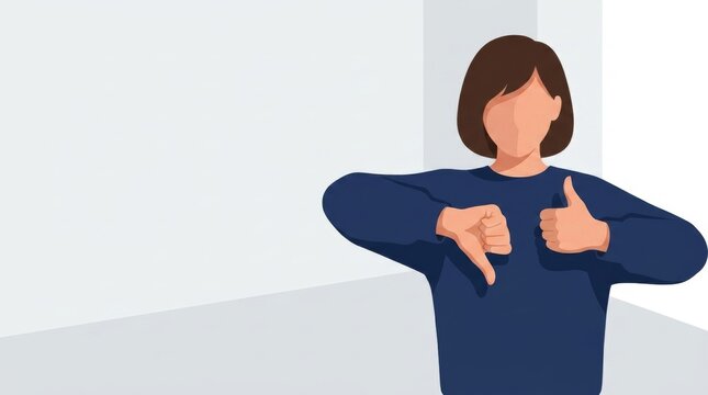 Flat vector illustration of a woman showing both thumbs up and thumbs down gestures, symbolizing mixed feedback, indecision, and evaluation in a minimalist setting.