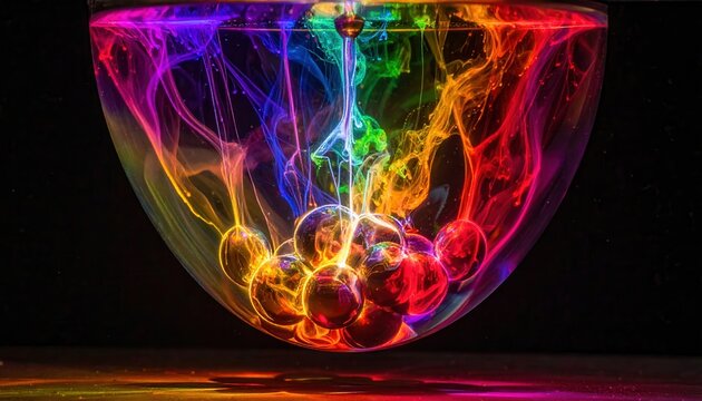 Vibrant plasma spheres swirling with internal energy fluctuations in a dazzling rainbow display, creating an abstract energetic vortex.