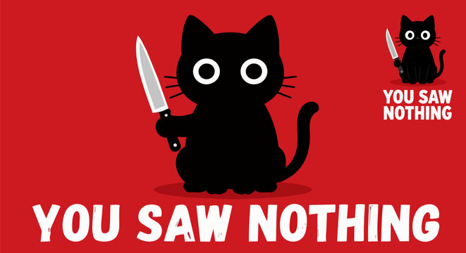 Black cat, cartoon cat, humorous illustration, vector graphics, red background, knife, meme, funny animal, comic style