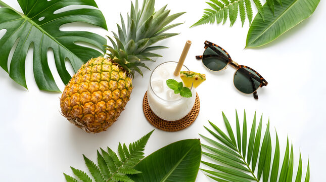 Summery refreshing coconut drink with pineapple and tropical leaves top view