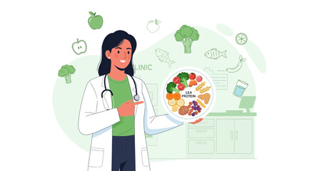 Fototapeta premium HealthyEatingClinicDoctorExplainingNutritionWithFoodPlate
