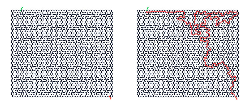 Hexagon maze for adults, hard printable logic game, find the way from start to exit, black and white line art, activity worksheet page with solution