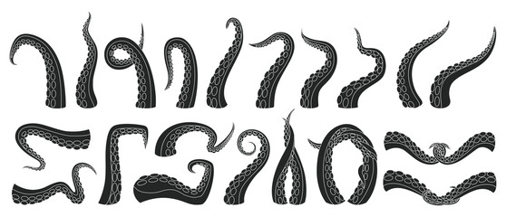 Collection of black octopus tentacle illustrations on white background © Clario Stock