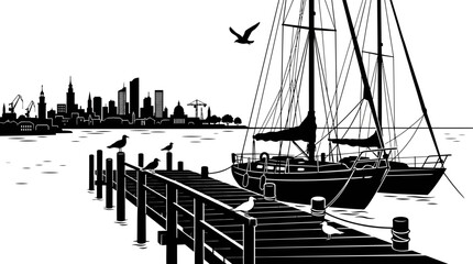 Sailboat And City Skyline Silhouette Against White Background © Vector Hub24