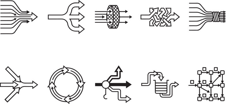 Data processing icon set with information consolidation workflow splitting filter and arrow diagram symbols