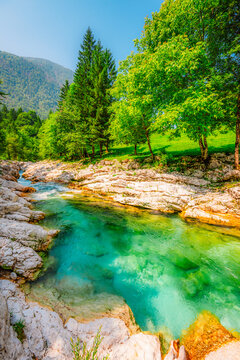 Male Korita or small canyon of Soca river near Bovec in Slovenia. River soca gorge in Triglav national park. Soca waterfall