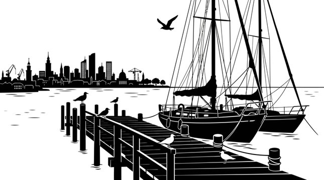 Sailboat And City Skyline Silhouette Against White Background