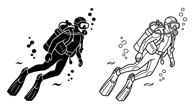Scuba Diver Illustration With Bubbles Black And White Line Art