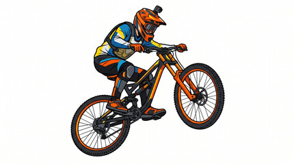 Naklejka premium Mountain biker performing high jump on professional downhill bike isolated illustration of extreme sport cycling action
