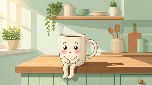Charming Ceramic Mug Character with Bashful Expression Sitting on Kitchen Counter