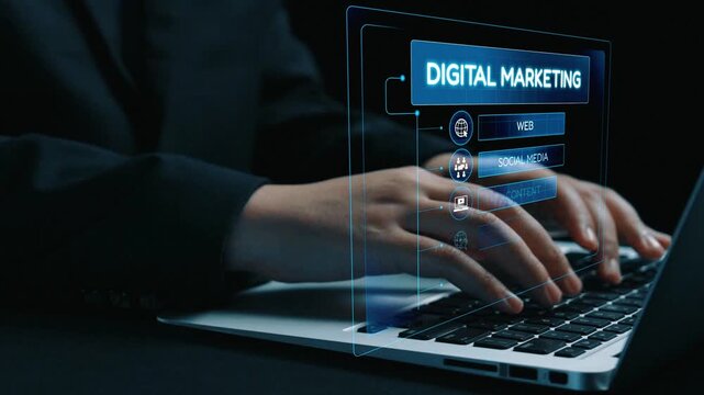 Digital marketing strategy broken down into categories: web, SEO, content, social media, and advertise. Digital tools enhance online marketing success across digital platforms. Elide