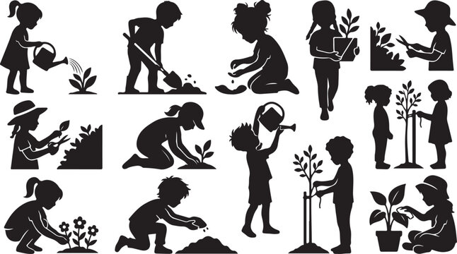 Children planting and gardening silhouettes, diverse activities with plants and trees isolated on white background, Vector