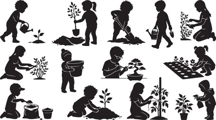 Obraz premium Children planting and gardening silhouettes, diverse actions and plants isolated on white background, Vector