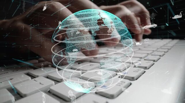 A close-up view of hands typing on a keyboard with a digital globe overlay, showcasing global communication and technology concepts in the modern digital landscape. Xenic