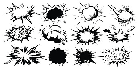 Set of hand drawn comic book explosion and speech bubble sound effects in black and white ink style © vintage style