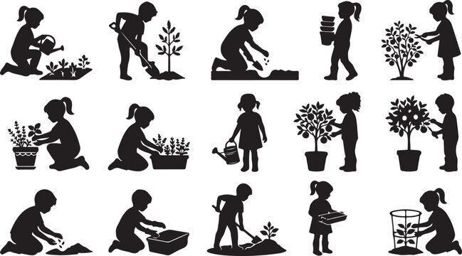 Children gardening planting and watering trees and plants silhouettes isolated on white background, Vector