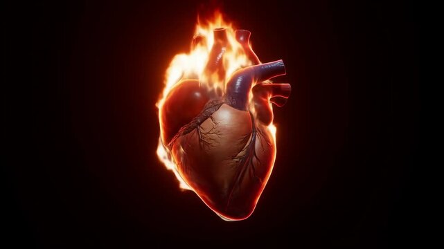 Flaming heart with cigarette in dark background: symbol of desire and danger