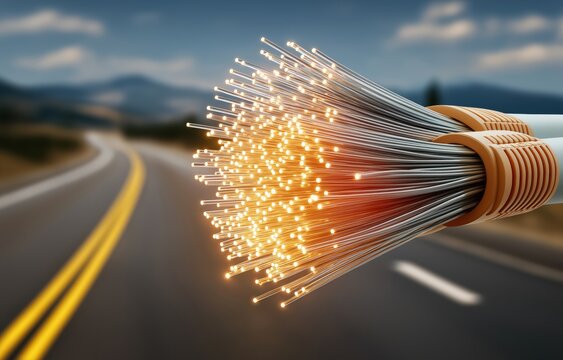 Closeup view of fiberoptic cable being spliced in a junction box with a rural landscape in the background during golden hour light