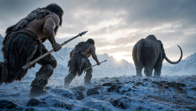 Two prehistoric cavemen dressed in fur skins stalk a large woolly mammoth across a snowy mountain landscape during the ice age, holding wooden spears for a strategic survival hunt.