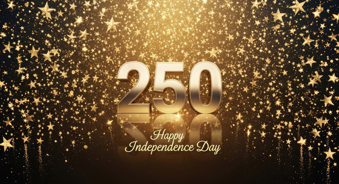 Luxury Gold 250 Happy Independence Day Background with Golden Glitter and Falling Stars Confetti