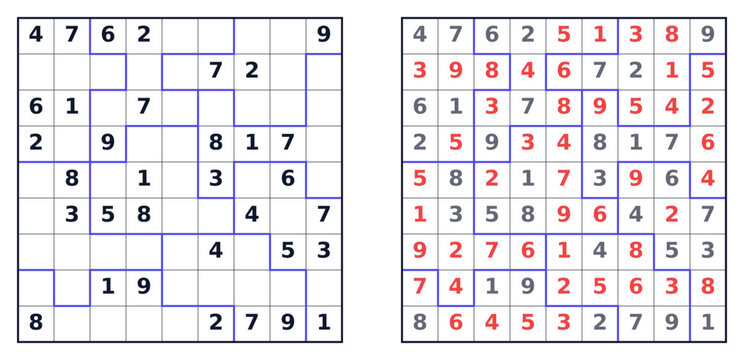 Sudoku puzzle jigsaw medium difficulty for adults, fill the grid with numbers, printable with answers A4
