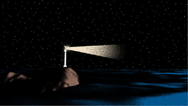 Colorful retro lighthouse beacon sweeping across a star-filled night sky above a rocky island in stipple dot art
