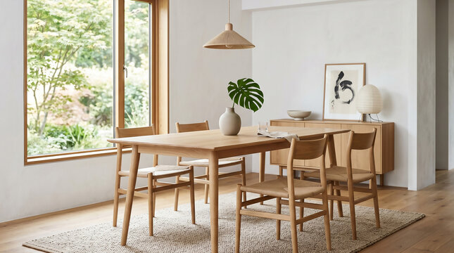 Modern dining room interior with wooden table and chairs, luxury home decor, indoor dining space with window, elegant restaurant style