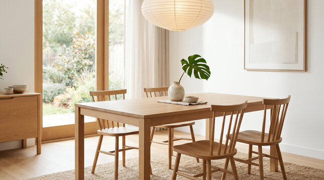 Modern modern dining room interior with wooden table and chairs in a stylish home apartment with large window and warm light decor