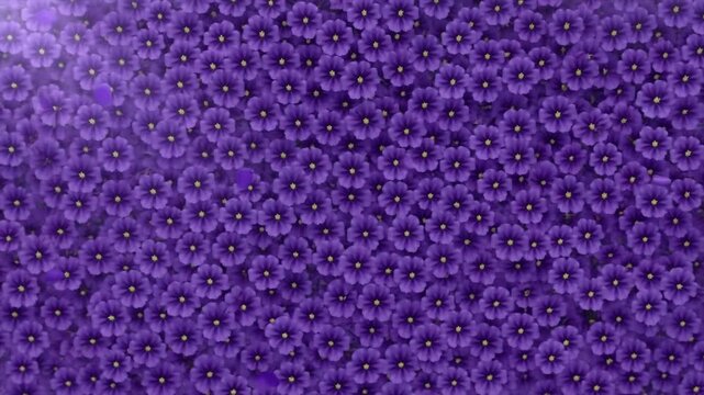 Panning shot of purple pansy flowers sliding across dense floral carpet on horizontal axis closeup view of petals and centers in garden bed background