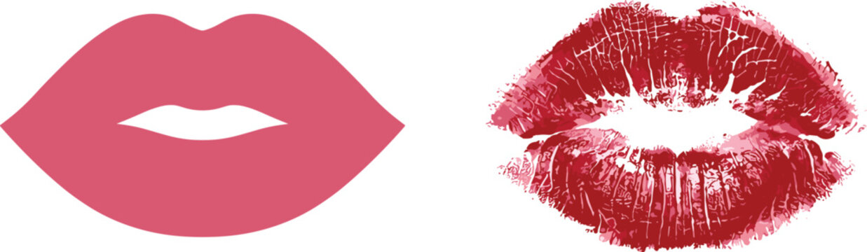 Red Lipstick Smudge and Pink Lips Icon Vector Set Featuring Textured Kiss Mark and Flat Minimalist Mouth for Beauty and Cosmetics Designs