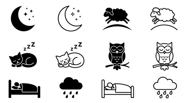 Sleep Icons Collection Black And White Line Art Style