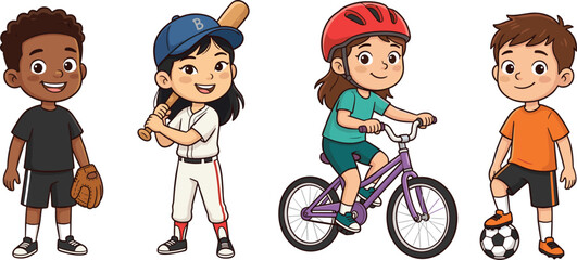 Diverse Kids Sports and Outdoor Activities Cartoon Character Vector Collection Featuring Baseball, Bicycle Riding, Soccer, and Basketball Gear for Children Education Designs © rihan