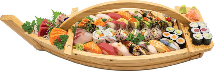 Gourmet Japanese Sushi Boat Vector Collection with Assorted Maki Rolls, Nigiri, Fresh Sashimi, Wasabi, and Ginger for Restaurant Menu and Catering Designs © riham