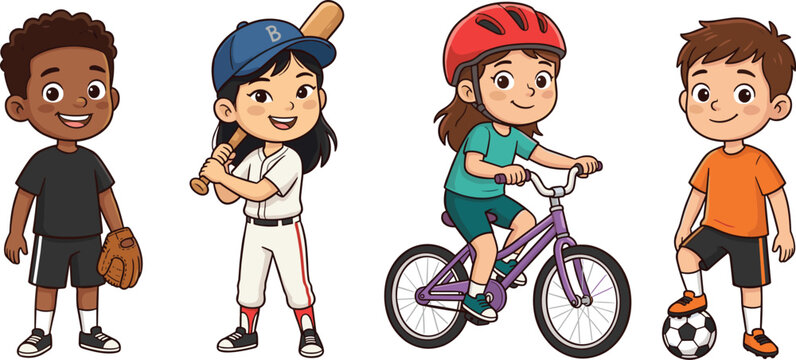 Diverse Kids Sports and Outdoor Activities Cartoon Character Vector Collection Featuring Baseball, Bicycle Riding, Soccer, and Basketball Gear for Children Education Designs